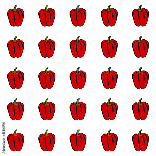 A simple doodle illustration of bright juicy sweet pepper. Sweet Bulgarian pepper. Seamless pattern.