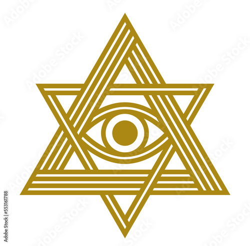 All seeing eye in star of David vector ancient symbol in modern linear style isolated on white, eye of god, masonic sign, secret knowledge illuminati.