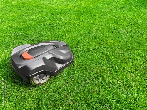 Fotografie Modern robot lawn mower on green grass in garden