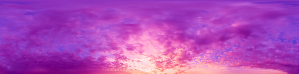 Foto auf Acrylglas Pantone 2023 Viva Magenta Viva magenta sunset sky panorama with pink Cumulus clouds. Seamless hdr 360 panorama in spherical equal-rectangular format. Full zenith for 3D visualization, game, sky replacement for drone aerial  © svetograph