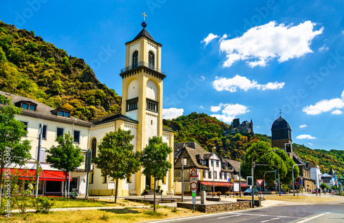Churches and Burg Katz in Sankt Goarshausen in the Rhine Gorge, UNESCO world heritage in Germany