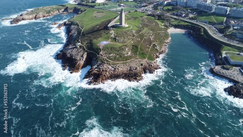 Scenic Drone Aerial Footage of A Coruña, Galicia, Spain, including USESCO World Heritage Site - Tower of Hercules - oldest existent lighthouse known. photo