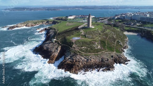 Scenic Drone Aerial Footage of A Coruña, Galicia, Spain, including USESCO World Heritage Site - Tower of Hercules - oldest existent lighthouse known.