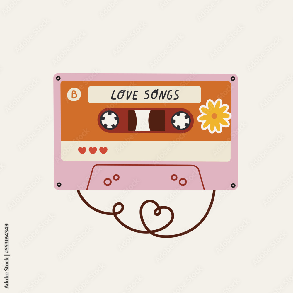 Hand-drawn analog cassette tape with lettering and flower sticker. Concept of valentine's day, romance, love, good moments, love music. Point and shoot camera.