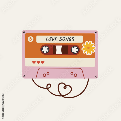 Hand-drawn analog cassette tape with lettering and flower sticker. Concept of valentine s day  romance  love  good moments  love music. Point and shoot camera.
