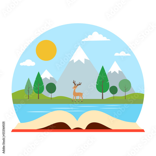 Story book with mountain, sky, river, and animal in flat design on white background. © Orapun