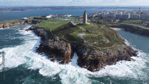 Scenic Drone Aerial Footage of A Coruña, Galicia, Spain, including USESCO World Heritage Site - Tower of Hercules - oldest existent lighthouse known.