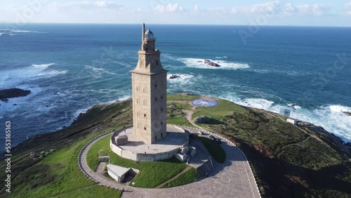 Scenic Drone Aerial Footage of A Coruña, Galicia, Spain, including USESCO World Heritage Site - Tower of Hercules - oldest existent lighthouse known.