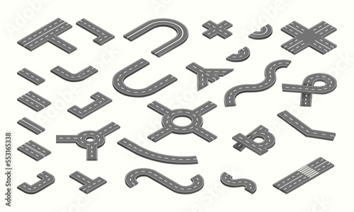 Highway creator parts. Road traffic. City street kit. Track asphalt junction. Car route. Circle or bend speedway. Cross line path. Direction way. Vector illustration current elements set