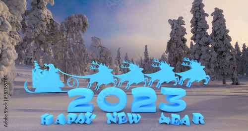 Letters in English with congratulations on the new year against the backdrop of a snowy forest in Lapland.3d render illustration