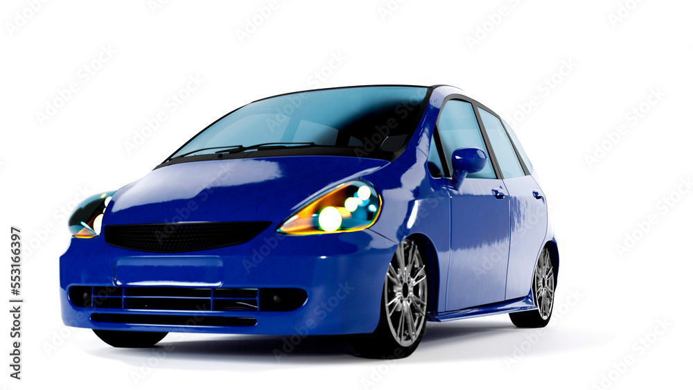 3d image, 3d render of a blue compact car, isolated on a white background.