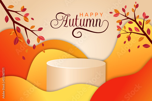 Autumn background, gift product display. Thanksgiving day fall poster, landscape banner with empty platform. Orange orange tree. 3d isolated podium vector illustration garish template