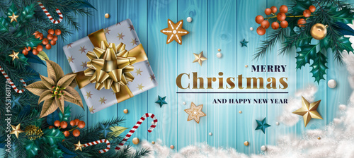 Holiday gift, merry Xmas banner. Blue new year decoration card, luxury party with lights, ribbon and fir branches with toys. Christmas poster, realistic elements. Vector exact background