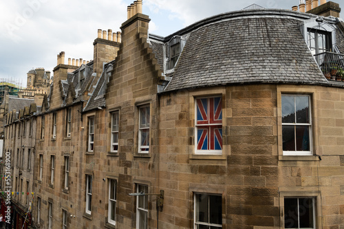 the union jack flag of the united kingdom on display in the window of a house in Victoria Street edinburgh scotland during times of talk about separation from britain