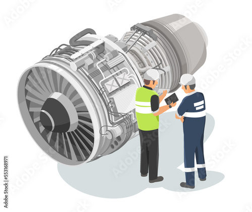 Aircraft engineer planning with mechanician maintenance jet engine engineering  technicians checking service airplane turbine diagram isometric isolated on white photo
