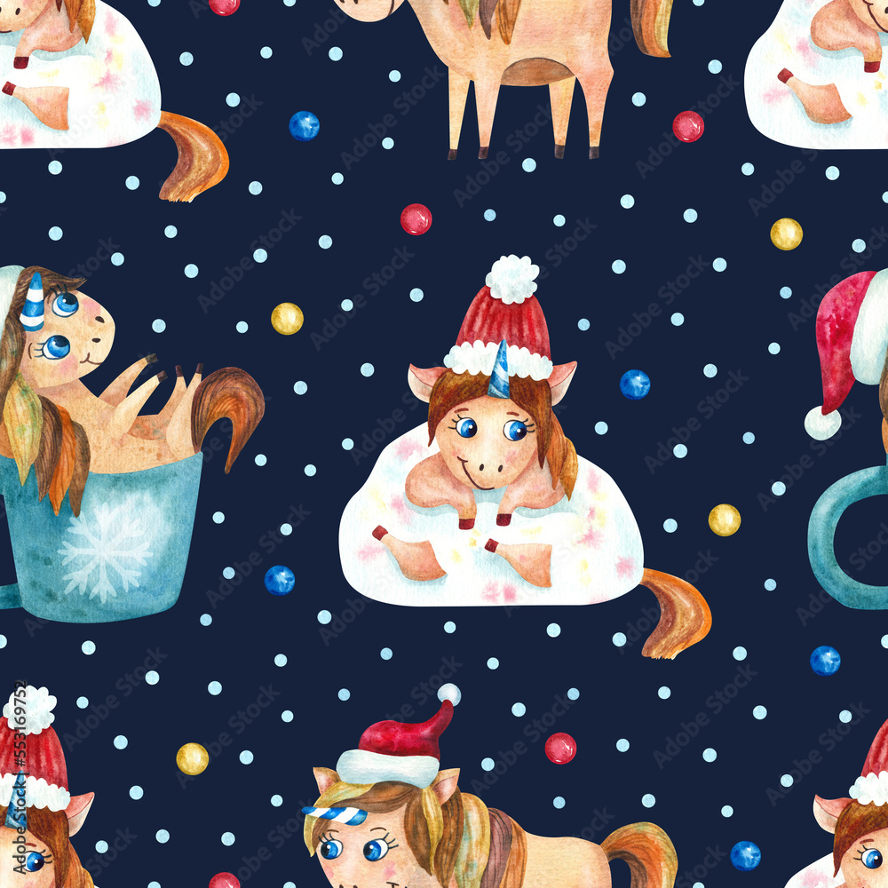 Christmas seamless pattern with cute unicorns on dark blue background. Winter design. Fairy baby animals. Watercolor hand painted illustration.
