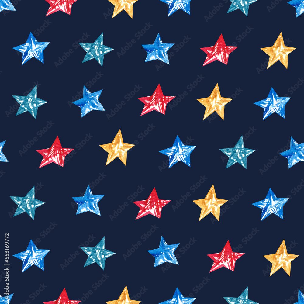 Seamless pattern with colorful stars on dark blue background. Festive design. Watercolor hand painted illustration. Seamless pattern with colorful stars on dark blue background. Festive design. Watercolor hand painted illustration.