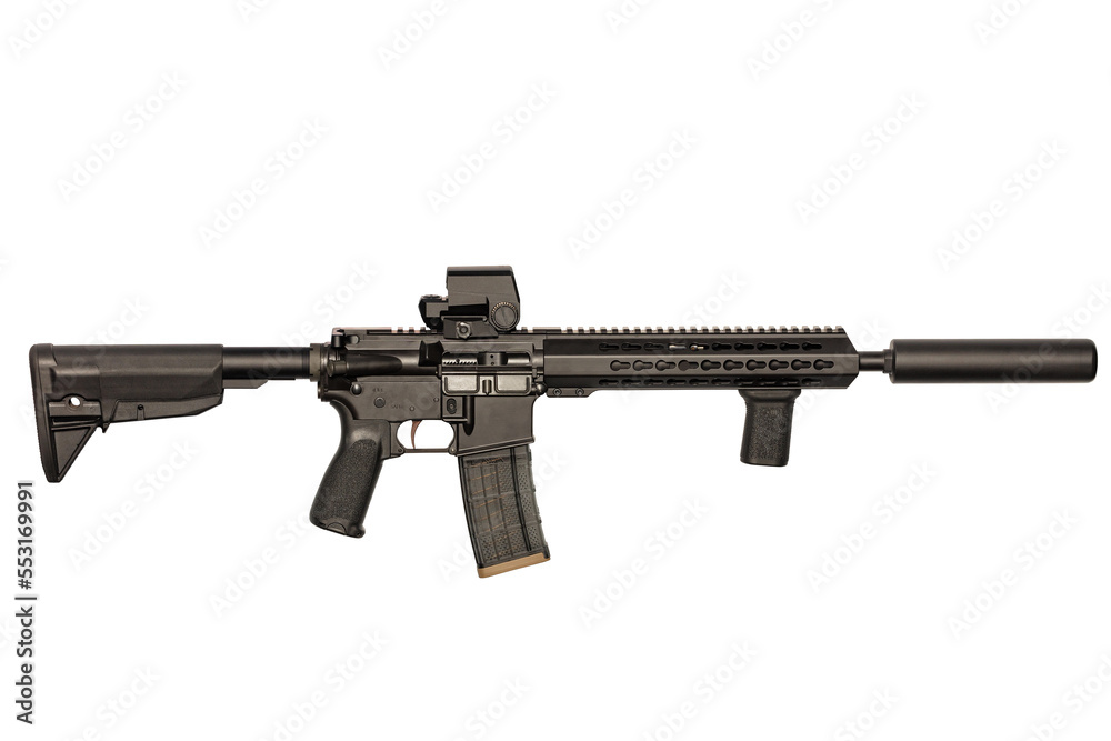 Rifled firearm with optical sight and silencer, semi-automatic carbine isolated on white background. Rifled firearm with optical sight and silencer, semi-automatic carbine isolated on white background.