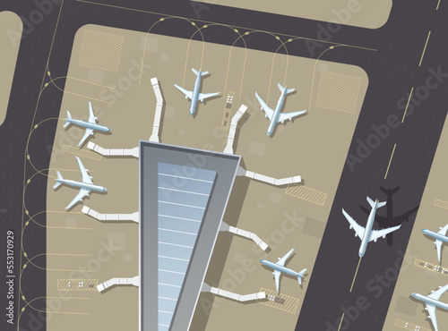 Airport passenger terminal and runway top view. Top down aerial view of a busy airport terminal with parked airplanes. The runway of the aircraft. Buildings hangar for airplanes. Vector llustration