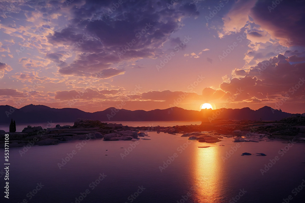 Sunset over Greece realistic 3D render islands with rocks
