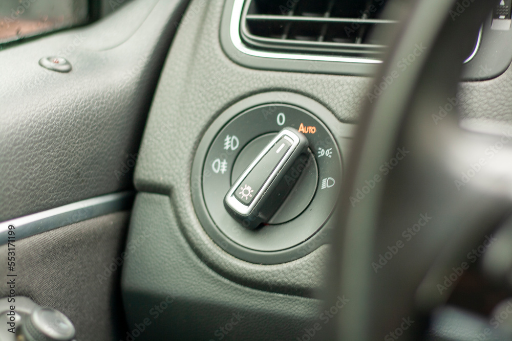 Odometer, rev counter and different vehicle or car controls, as well as climate control controls, lights, multifunction display, seat belt alert or gasoline level