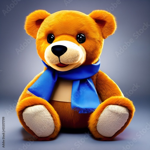 a brown teddy bear with a blue scarf around its neck and eyes, sitting on a gray background, generative AI photo