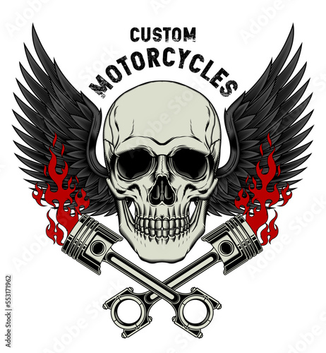 skull custom motorcycle, fire and piston, skull with wing, wallpaper, graphic design, rider skull