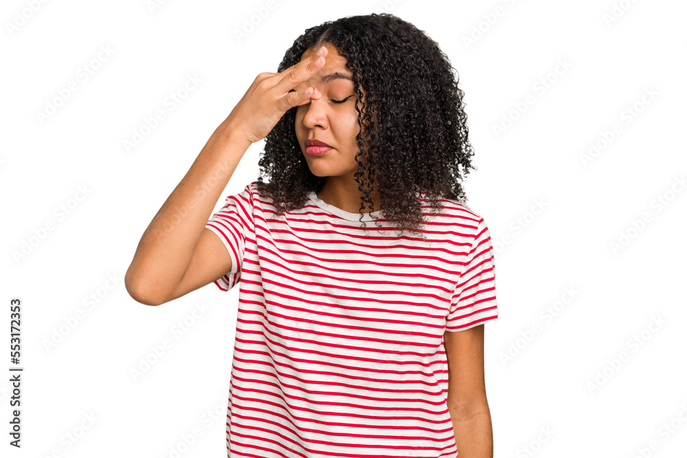 Young african american woman with curly hair cut out isolated having a head ache, touching front of the face. Young african american woman with curly hair cut out isolated having a head ache, touching front of the face.
