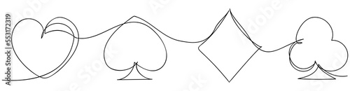 Continuous one line drawing of poker card suits. Online casino poker game concept silhouette design.