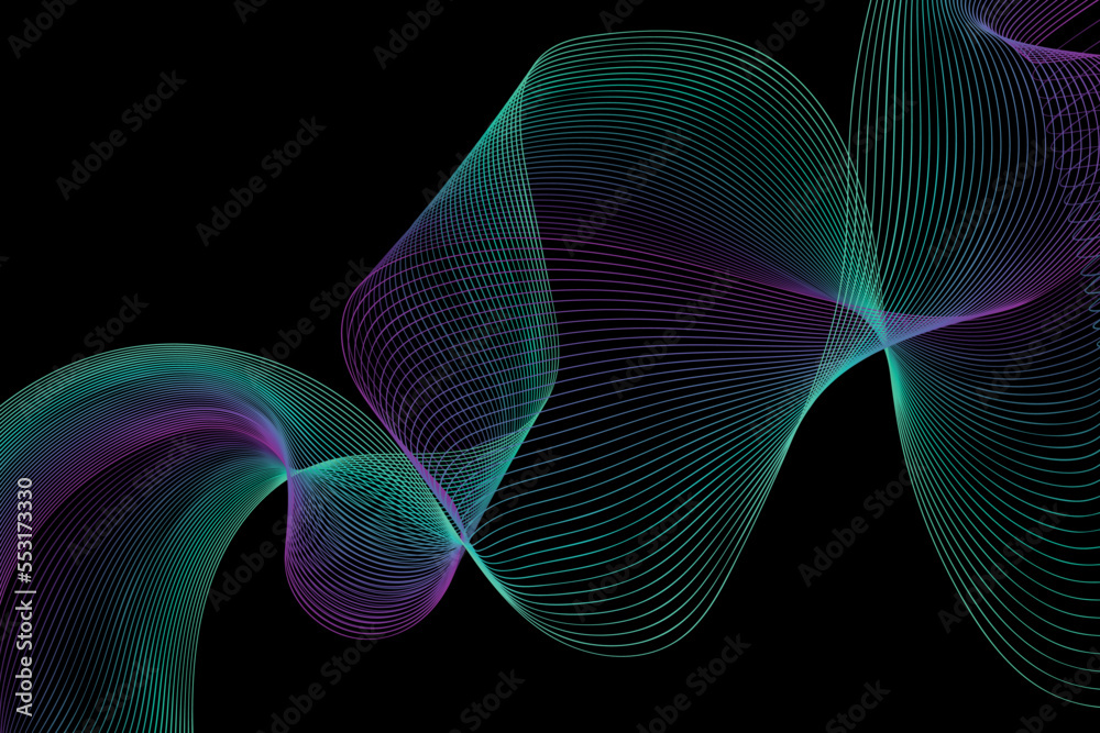 Fototapeta premium Abstract wave swirl swoosh isolated on black background. Dynamic Music waves. Design for banner