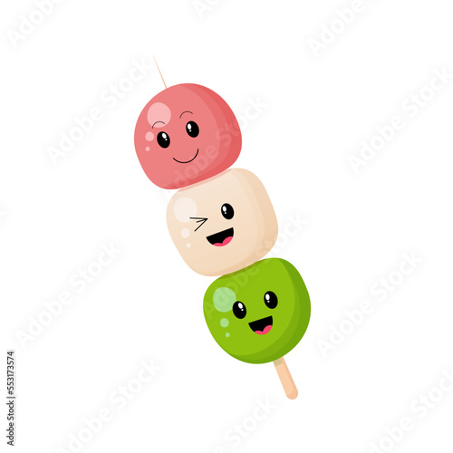 Japanese sweet , dango with kawaii emotion on the white background. Vector illustration
