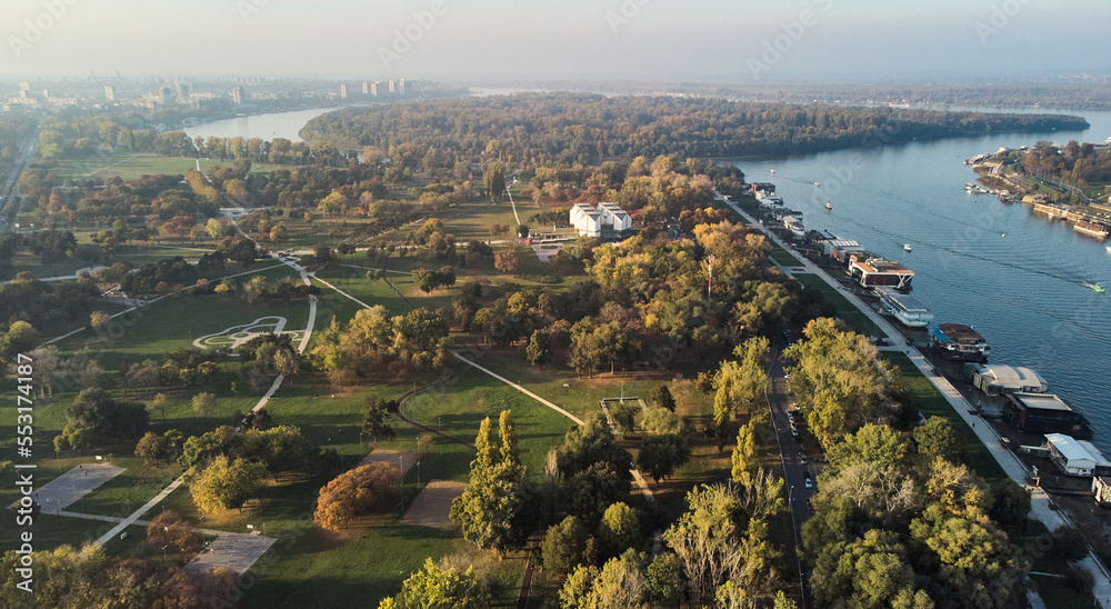 Aerial view of the Usce city park near the river. Great aerial view of the park and reservoir. High quality photo