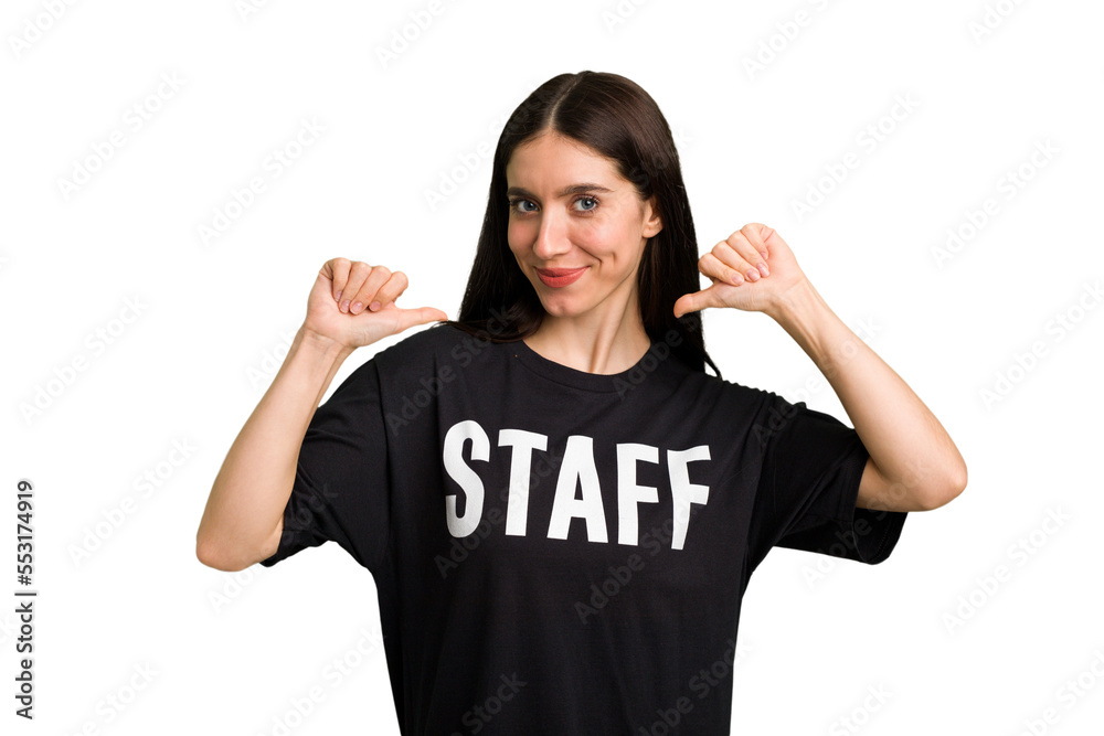 Young caucasian staff woman isolated feels proud and self confident, example to follow. Young caucasian staff woman isolated feels proud and self confident, example to follow.