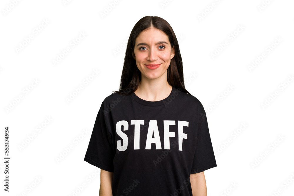 Young caucasian staff woman isolated happy, smiling and cheerful.