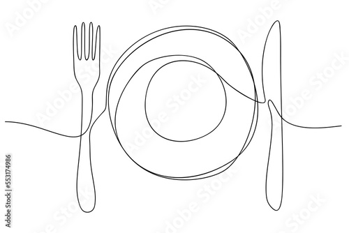 One line art. Plate knife, fork continuous outline drawing. Decoration for cafe or kitchen, restaurant or menu. Cutlery vector illustration