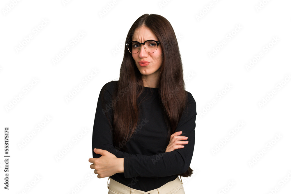 Young caucasian brunette long hair woman cutout isolated suspicious, uncertain, examining you. Young caucasian brunette long hair woman cutout isolated suspicious, uncertain, examining you.