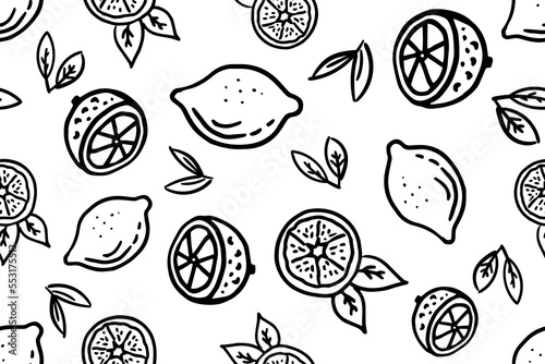 Fresh lemons print. Hand drawn line doodle lemon illustration. Minimalism lemon. Seamless pattern with citrus fruits.