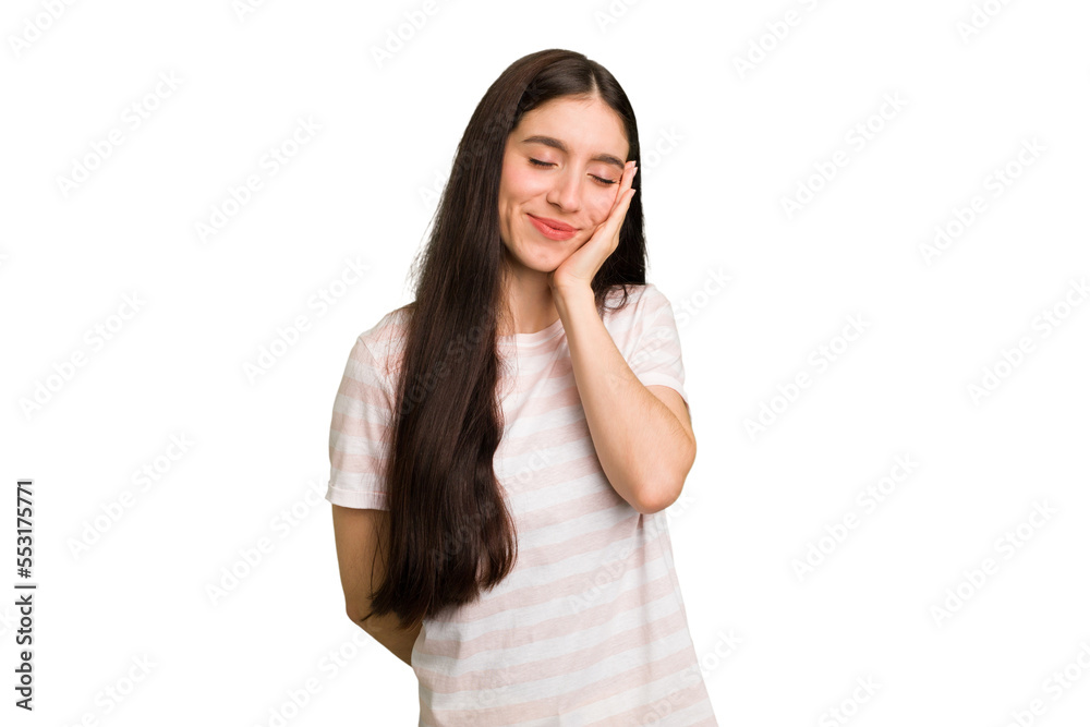 Young caucasian brunette long hair woman cutout isolated who is bored, fatigued and need a relax day. Young caucasian brunette long hair woman cutout isolated who is bored, fatigued and need a relax day.