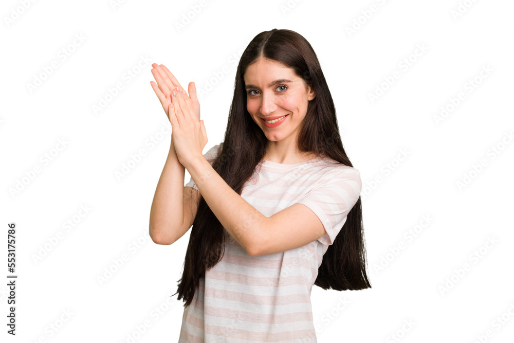 Young caucasian brunette long hair woman cutout isolated feeling energetic and comfortable, rubbing hands confident. Young caucasian brunette long hair woman cutout isolated feeling energetic and comfortable, rubbing hands confident.