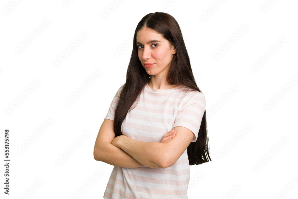 Young caucasian brunette long hair woman cutout isolated suspicious, uncertain, examining you. Young caucasian brunette long hair woman cutout isolated suspicious, uncertain, examining you.