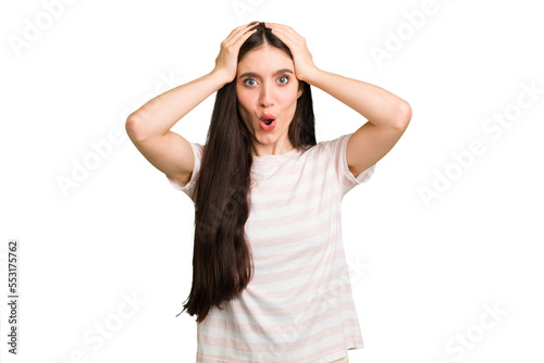 Young caucasian brunette long hair woman cutout isolated surprised and shocked.