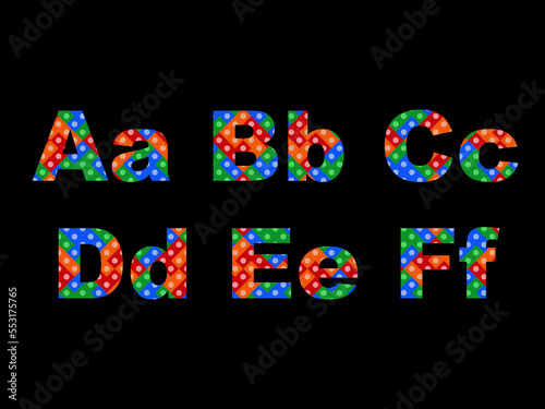 Set of colorful alphabets from A to F on black background.