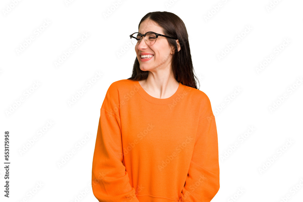 Young caucasian brunette long hair woman cutout isolated relaxed and happy laughing, neck stretched showing teeth.