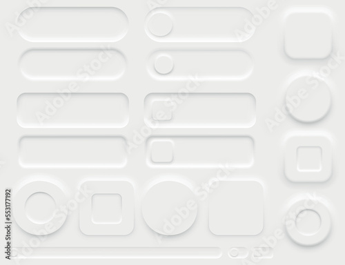 Neumorphic Vector Design Elements Set On Light Grey background. Buttons, Bars, Switchers, Sliders In Simple Elegant Trendy Neomorphic Style For Apps, Websites, Interfaces