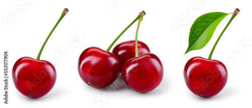 Cherry. Cherry with leaves on white background. Cherries with clipping path. Cherri collection full depth of field.
