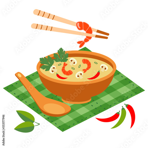 Tom yum Soup with mushroom champignons, green onions, shrimps and red pepper chili. Soup spoon and chopsticks. Vector food illustration isolated on white background
