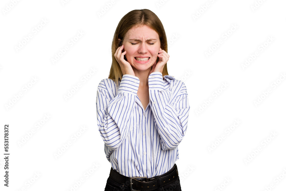 Young caucasian woman isolated covering ears with hands. Young caucasian woman isolated covering ears with hands.