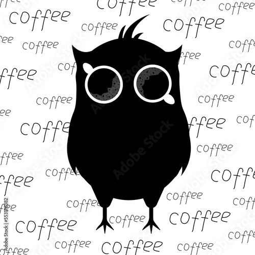 A creative Logo for a Coffee Shop with the Silhouette of an Owl and eyes from mugs of black coffee with foam and inscription. Marketing material, banner concept for a website, template menu cover.