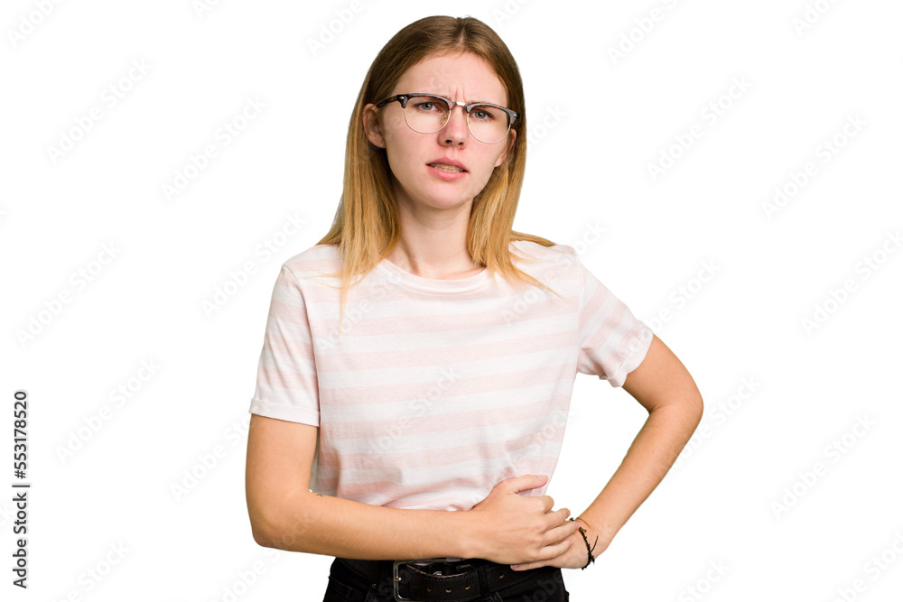 Young caucasian woman isolated having a liver pain, stomach ache. Young caucasian woman isolated having a liver pain, stomach ache.