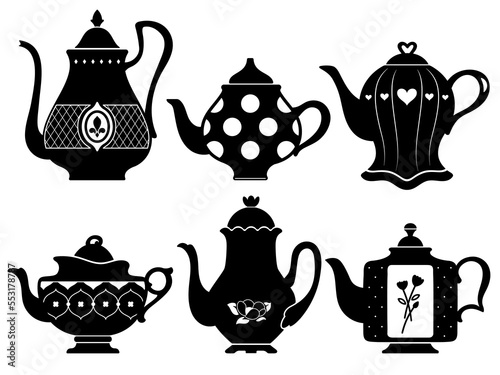 Black silhouettes of vintage teapots for tea and coffee of different shapes with ornaments for the design of showcases, menus, packaging and stickers